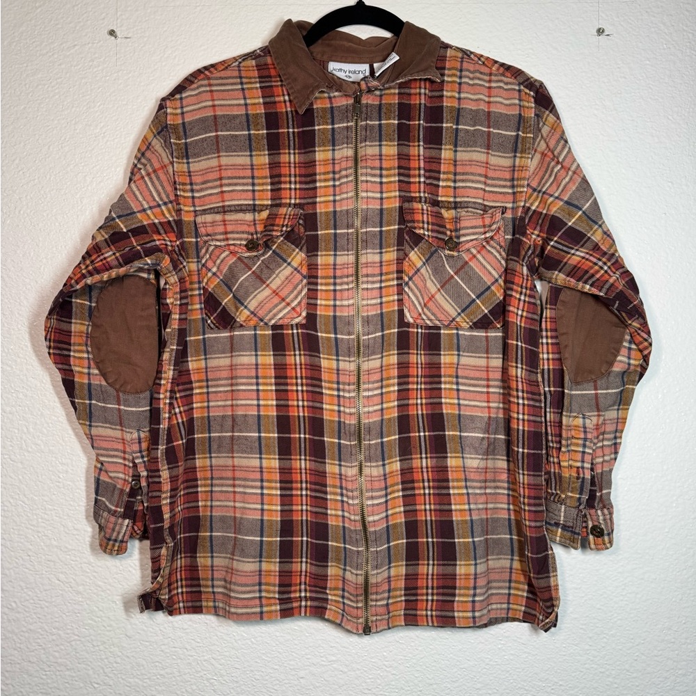 kathy ireland Plaid Zip-Front Utility Jacket in Brown, Orange and Tan